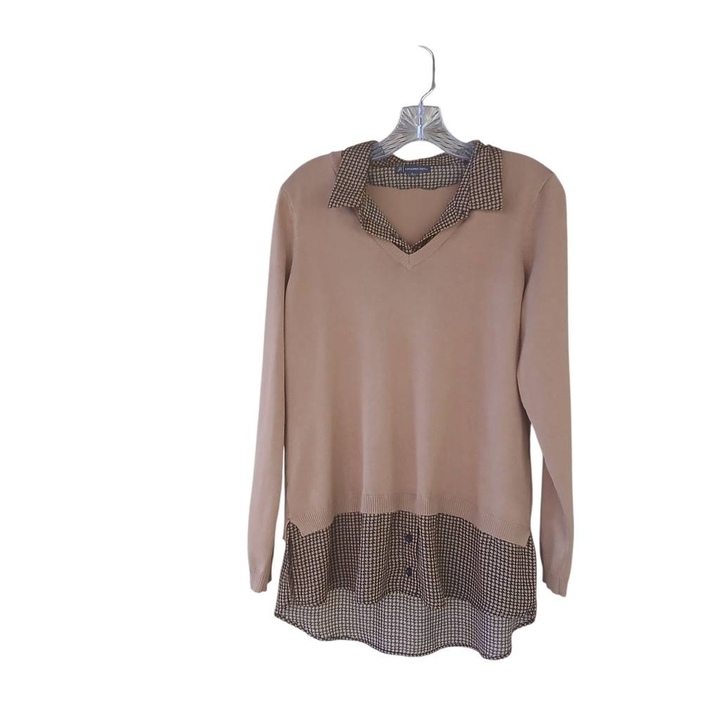 Adrianna Papell Camel Layered Look Shirt Tail V Neck Sweater Large